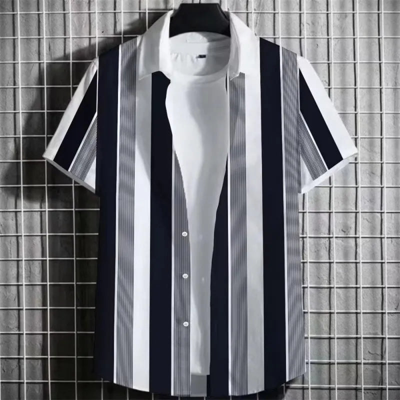Men's linen short sleeve t-shirt with simple 3D printed striped pattern, shown in one of seven available colours.