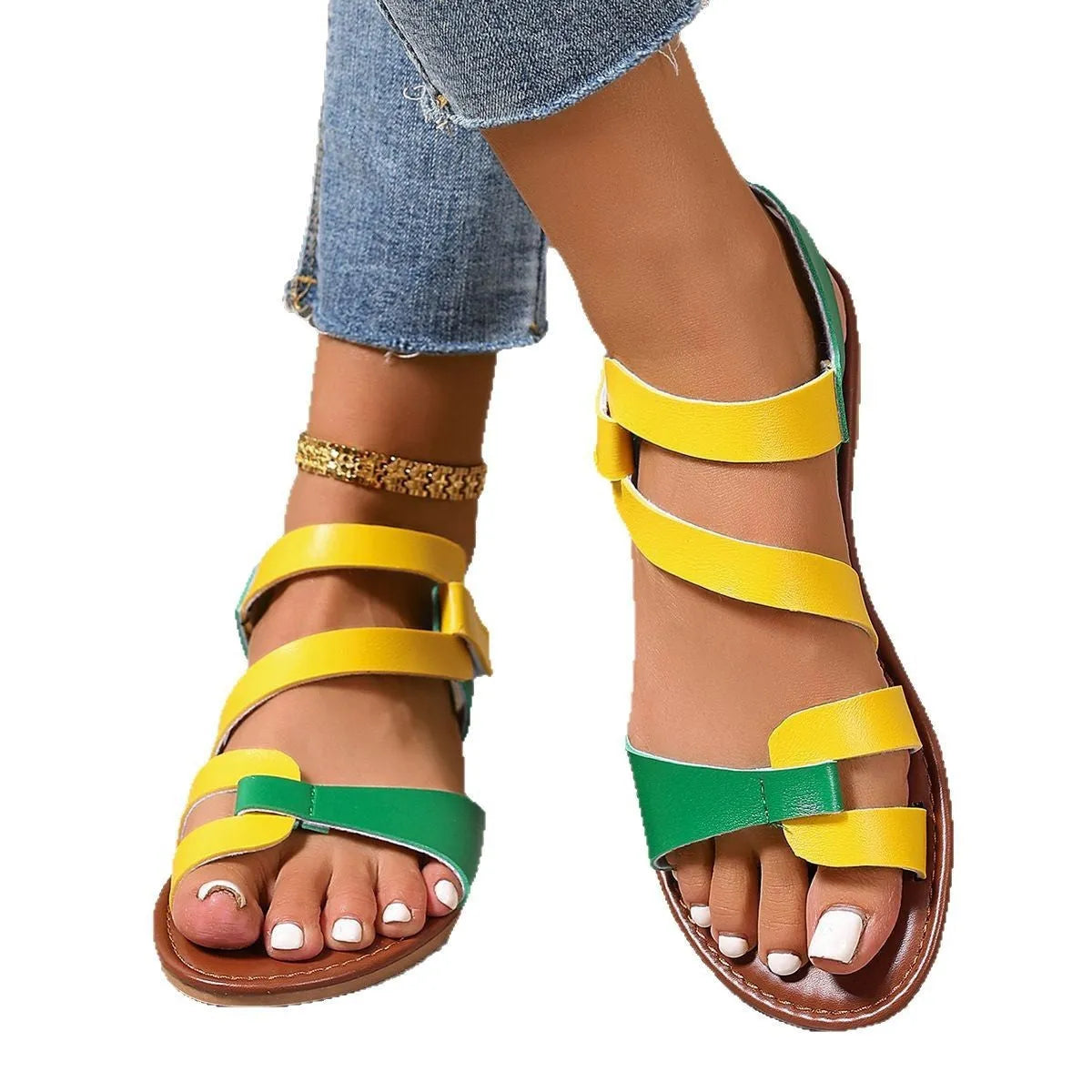Women's black flat sandals with a Velcro strap, round toe, and rubber sole.
