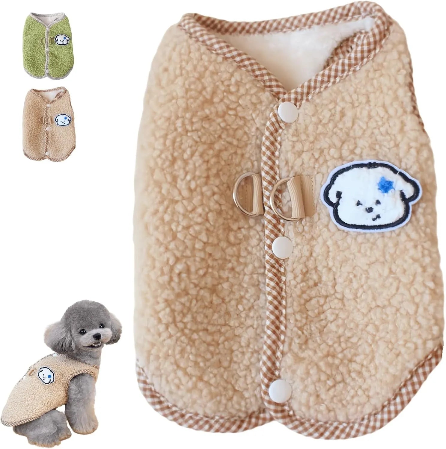 Green thickened coral fleece dog sweatshirt vest with a metal leash ring on the back
