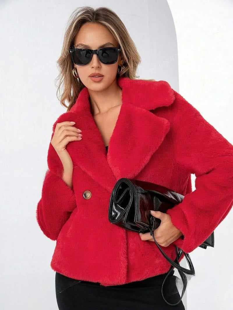 Women's short loose artificial fur coat in rose red colour with regular sleeves.