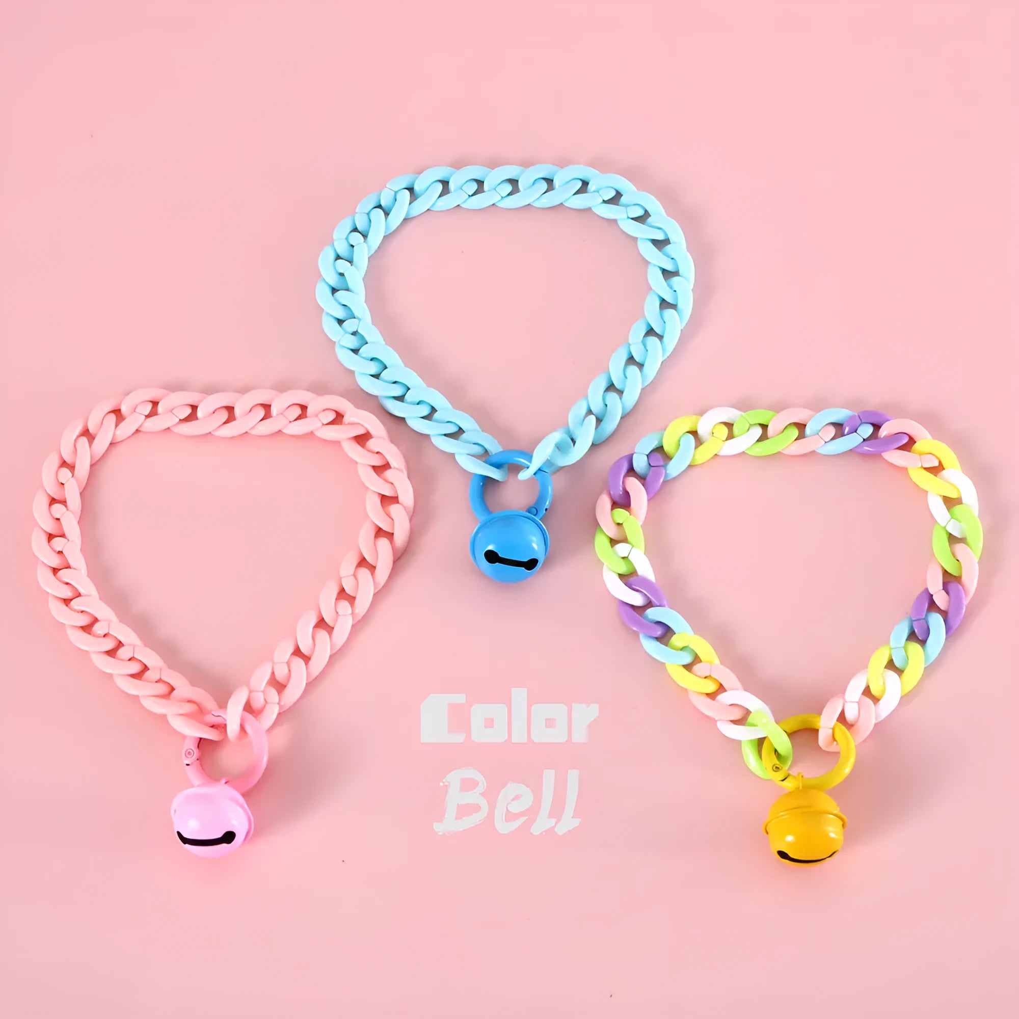 Plastic monochrome chain pet collar shown in chain blue, pink, and mixed colours for S and M sizes.