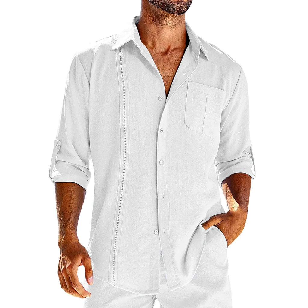 Men's solid colour long-sleeve shirt with a polo collar and a chest pocket on the left side.
