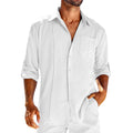 Men's solid colour long-sleeve shirt with a polo collar and a chest pocket on the left side.