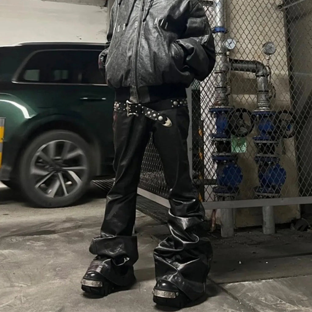 Black coated shiny patent leather-look skinny jeans in mid waist straight-leg style