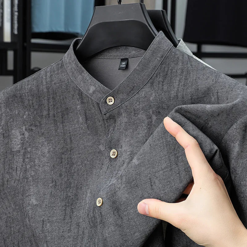 Men's loose fit linen blend shirt with stand collar in solid colour options