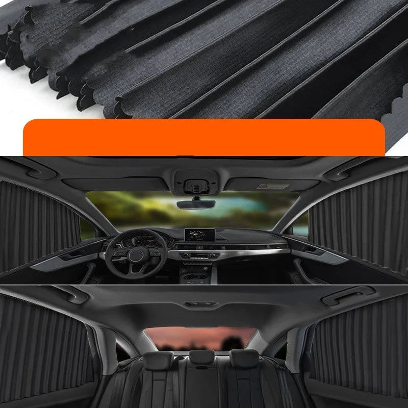Thick opaque retractable car sunshade curtain in black colour with roller shutter mechanism