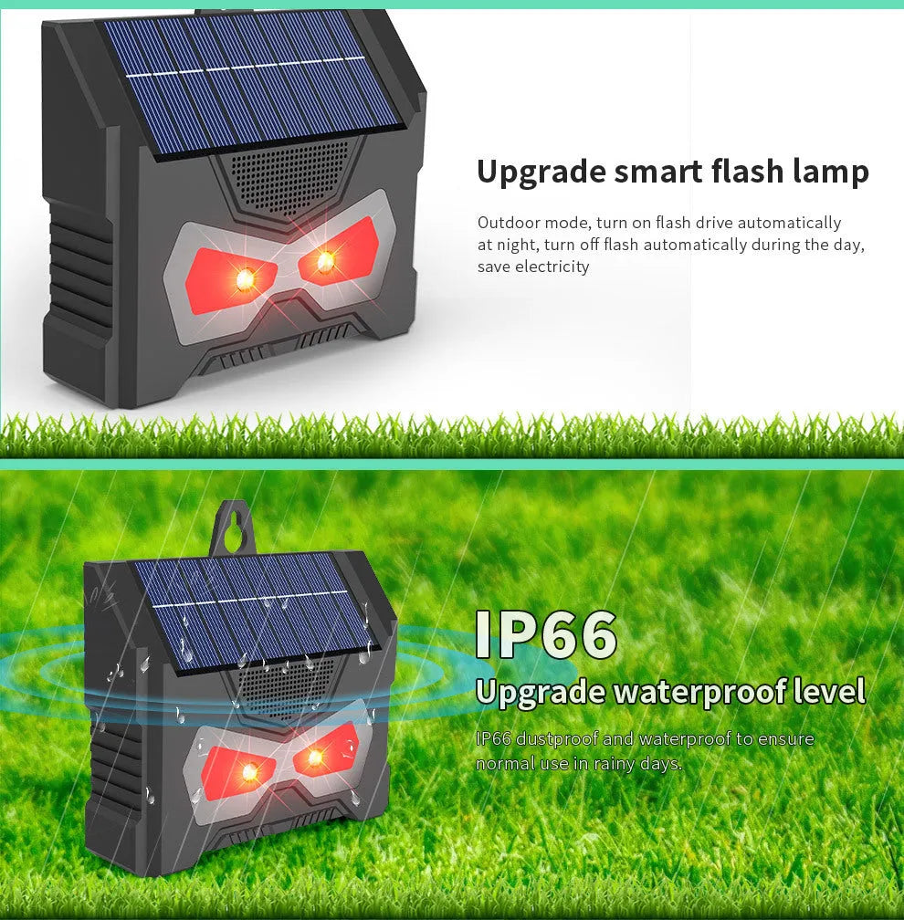 Black solar-powered outdoor ultrasonic animal repeller device for garden pest control