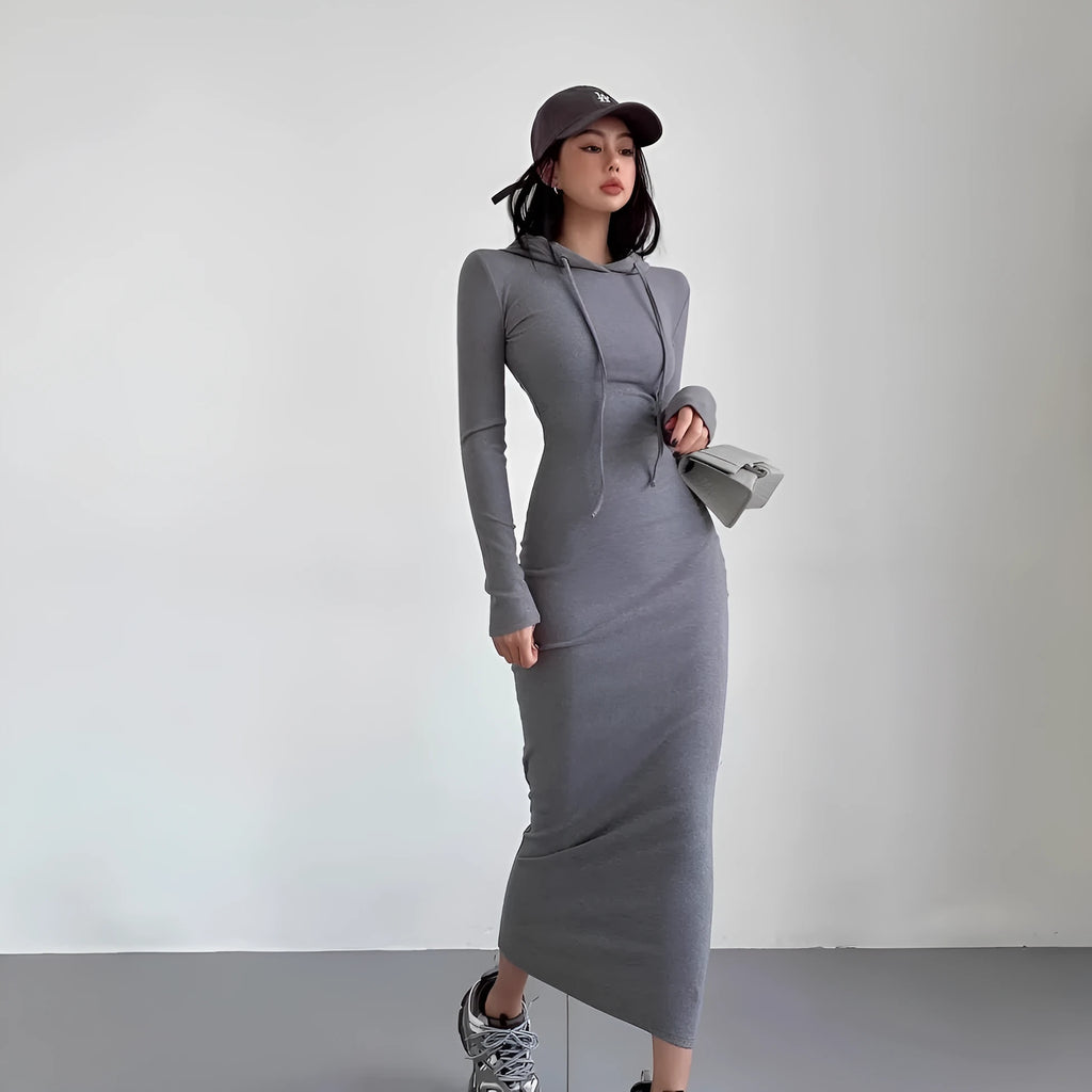 Women's long sleeve hooded sheath dress in grey with over-the-knee length and high waist.