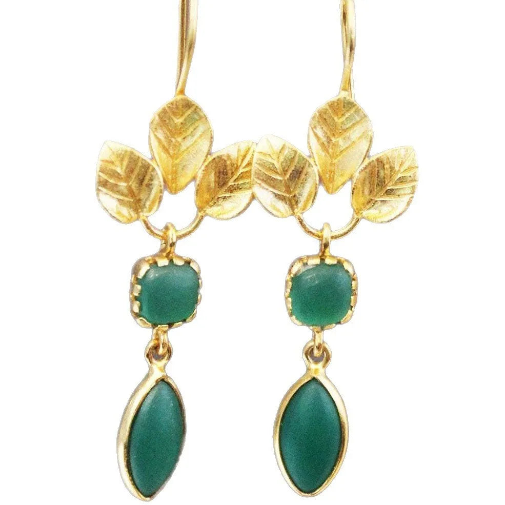 Gold retro drop earrings with French leaf design, tassels and water droplet zircon elements