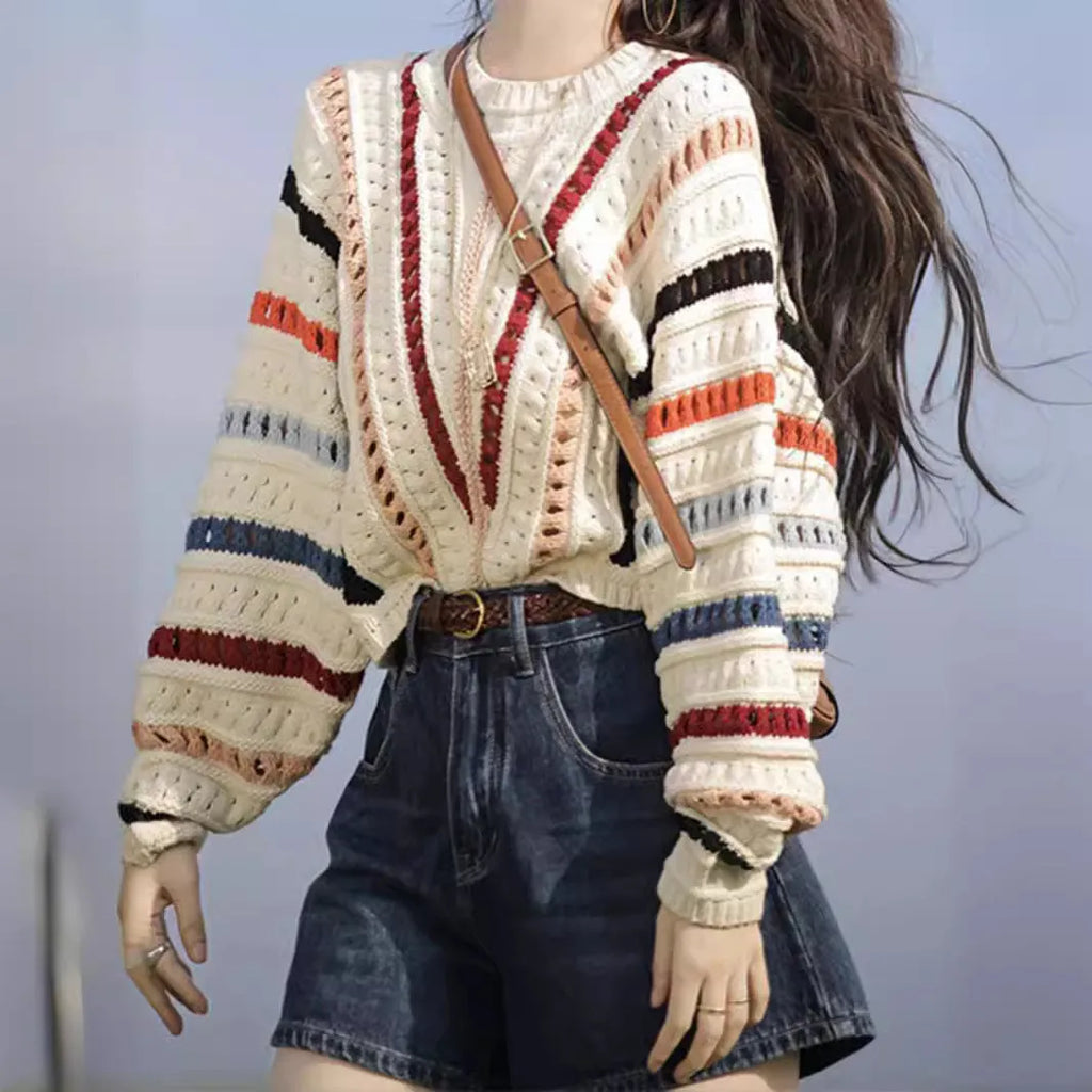 Rainbow striped batwing sleeve loose fit sweater with round neck in multi-colour retro design