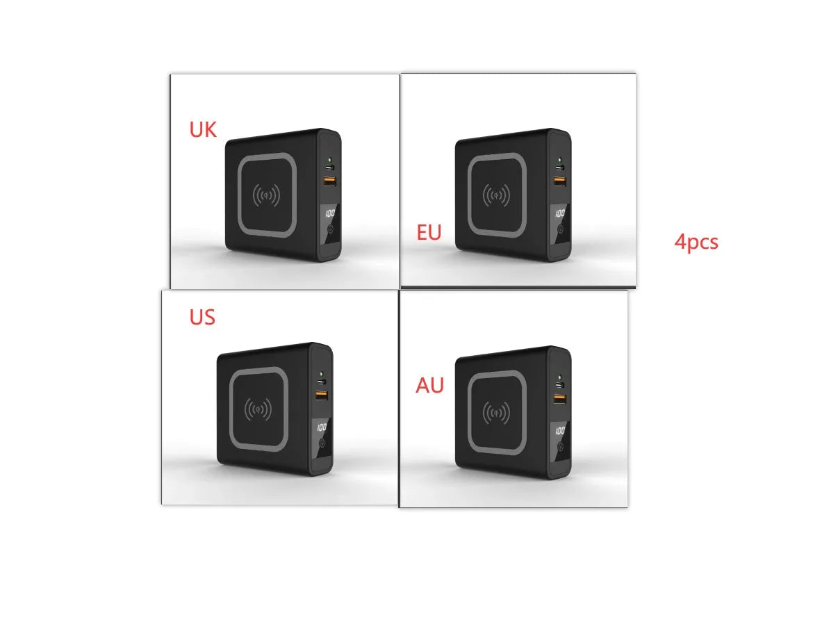 Black and white QI wireless charging power bank with PD20W fast charging and international travel plugs