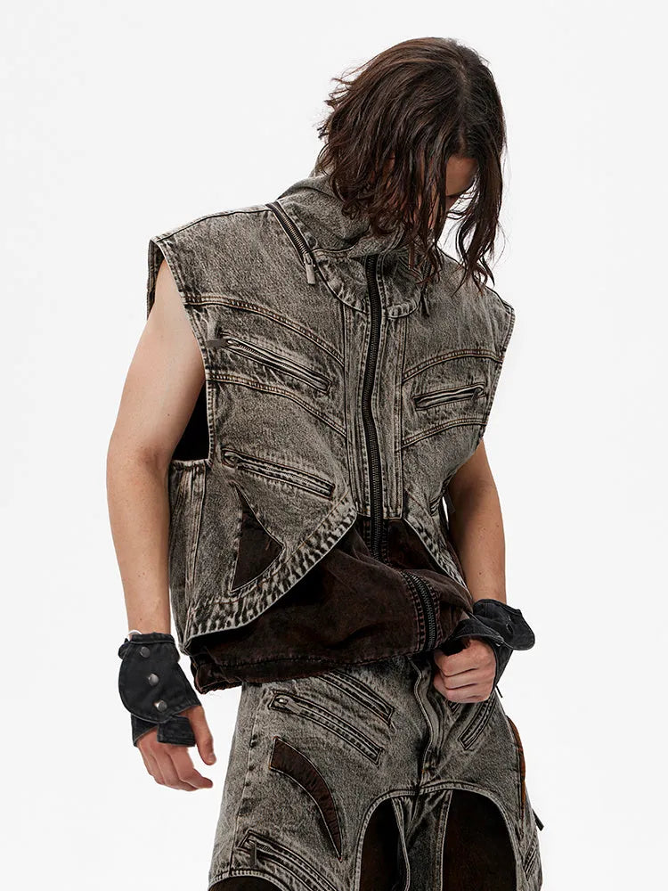 Men's sleeveless spliced denim vest with zipper front in image colour