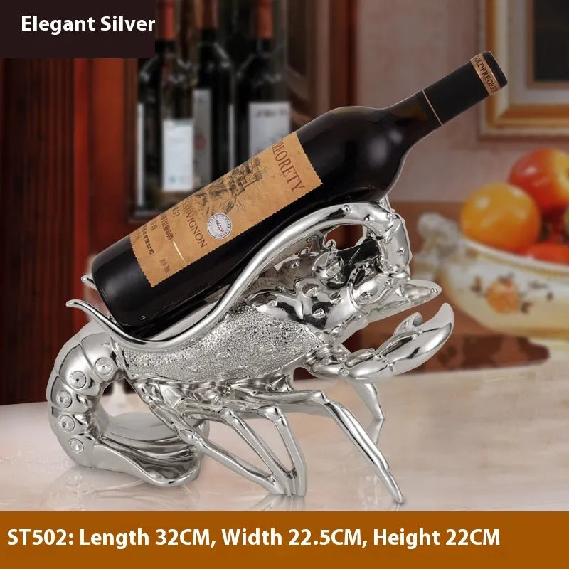 Lobster-shaped wine rack ornament in rose gold or silver, holding a single bottle.