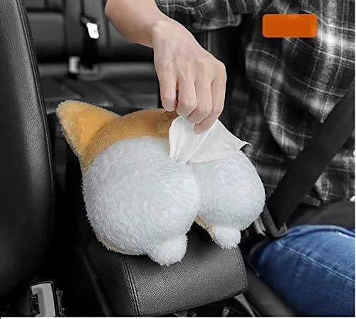 Yellow soft plush corgi butt shaped car tissue holder with elastic hanging straps.
