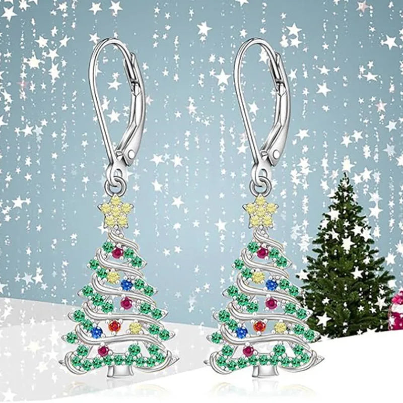 Women's Christmas tree earring pendant with star elements in white gold colour