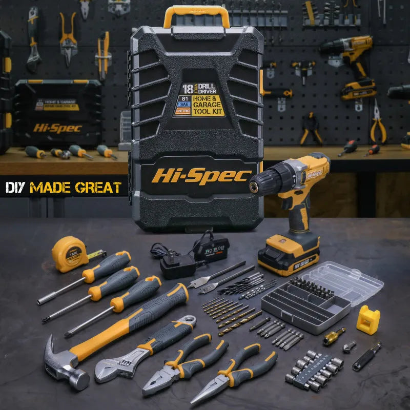 Grey-yellow case open to show 82-piece chrome-vanadium steel hardware tool kit.