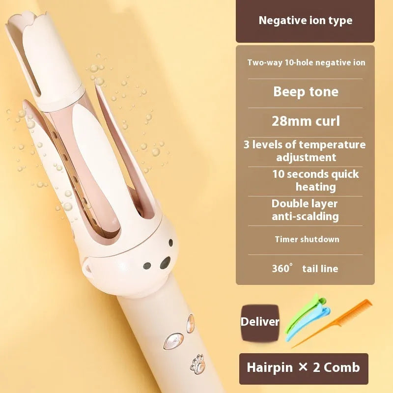Beige anion automatic hair curler with negative ion technology and hair stick accessory for lazy curly hair styling