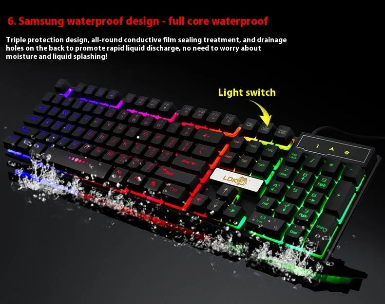 Black and white mechanical gaming keyboard with illuminated USB cable and backlit keys