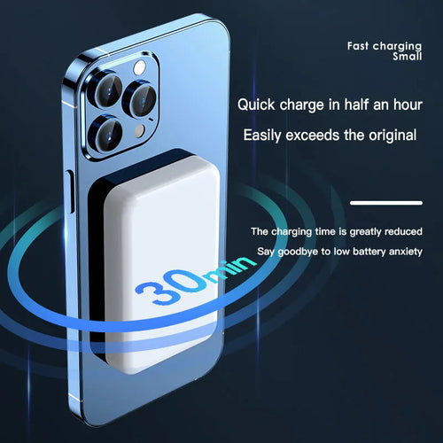 Pink magnetic wireless power bank showing dimensions of 100mm by 64mm.