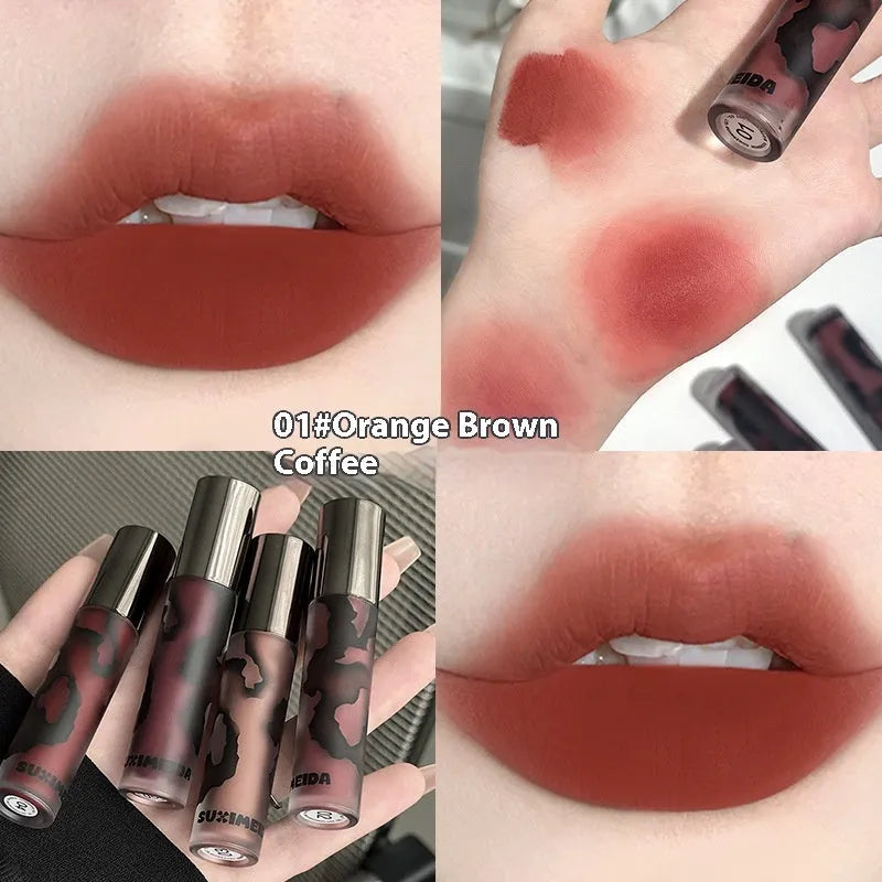Lava Secret Matte Lip Mud Lipstick tube in one of five colours: orange brown coffee, cool grey, cinnamon coffee, jujube red, or smoked purple.