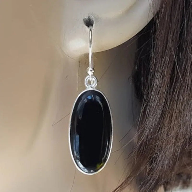 Pair of black geometric women's earrings with oval agate pendants and 925 silver ear wires.