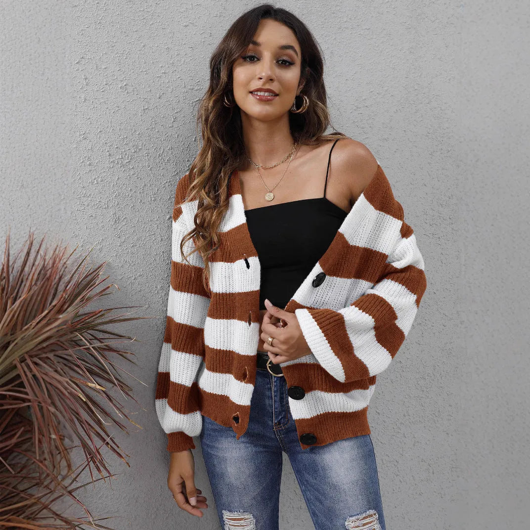 Women's striped deer plush cardigan in blue, showing button front and regular sleeves.