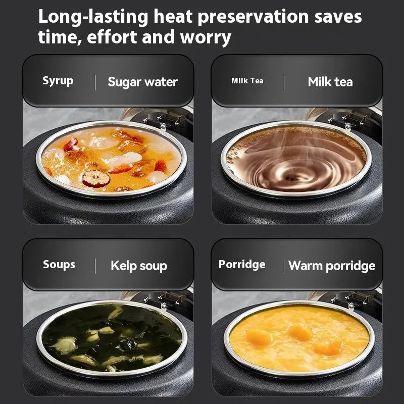Black stainless steel electric insulation pot with large steel cover, 10 litre capacity for soup or porridge.