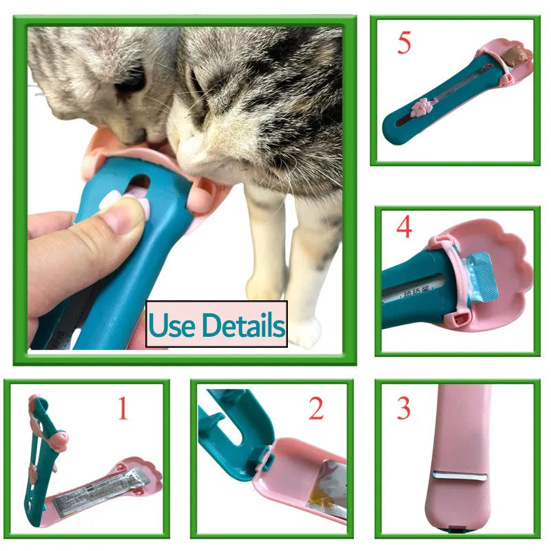 Green and pink plastic pet food scoop with squeeze mechanism for dispensing treats and liquid food