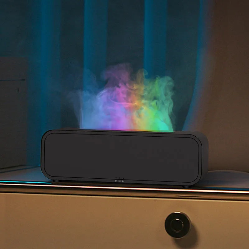 Black and white aroma diffuser with remote control, USB port, flame effect and colour-changing lights