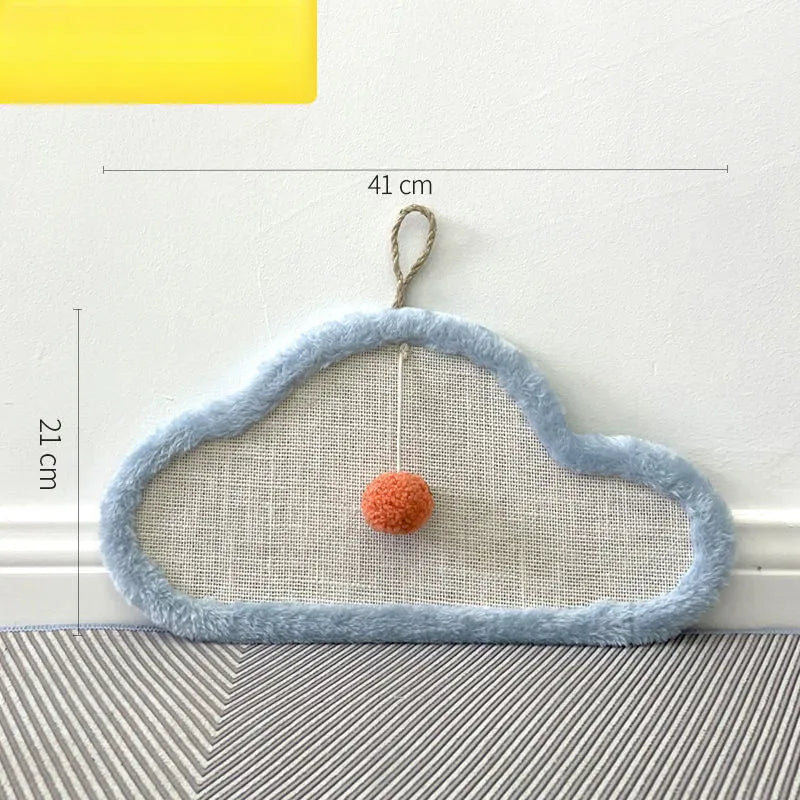 White cat scratching mat with sleeping cat cartoon design, made from natural sisal fibre.