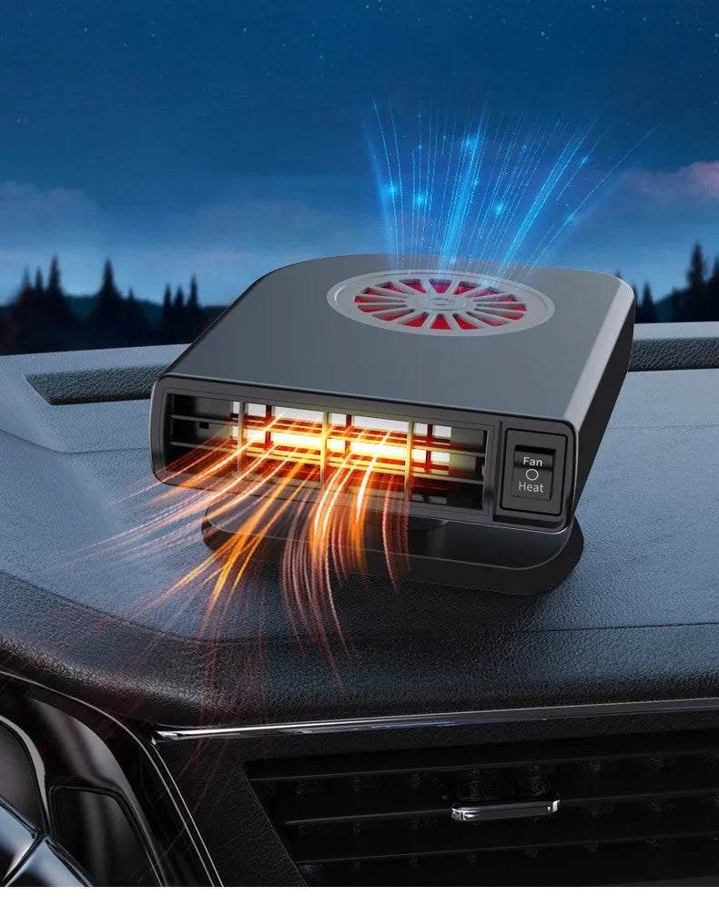 Black ABS plastic vehicle-mounted heater with adjustable vents, shown with double-sided adhesive mount.
