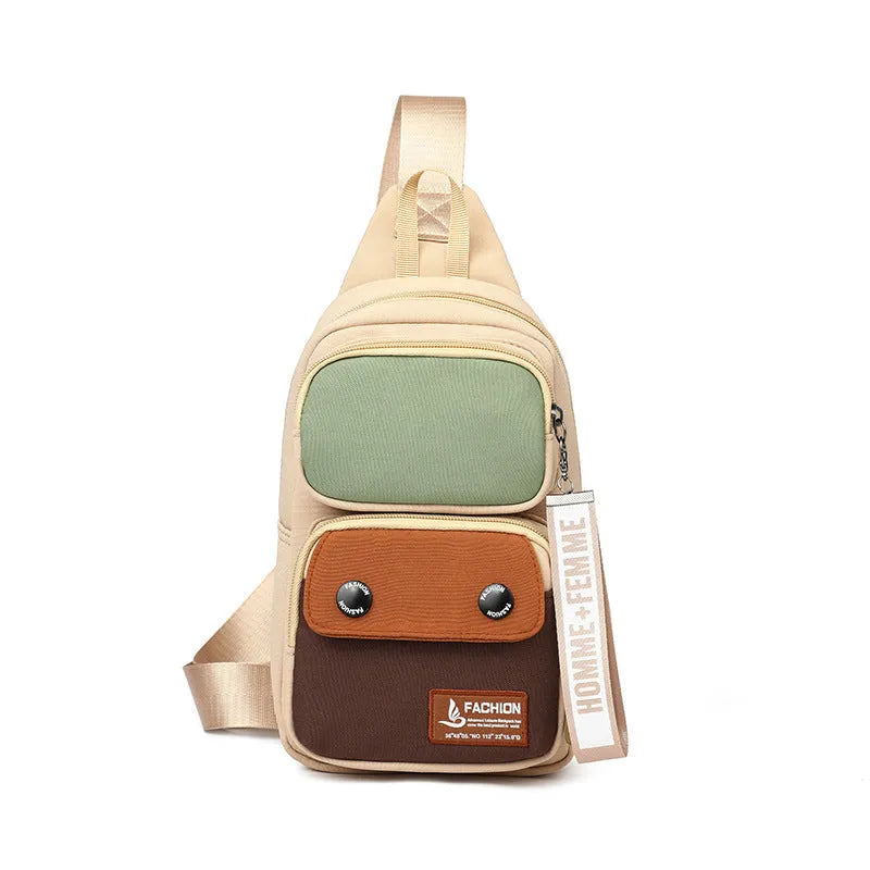 Nylon crossbody shoulder bag with letter pattern in beige contrast colour