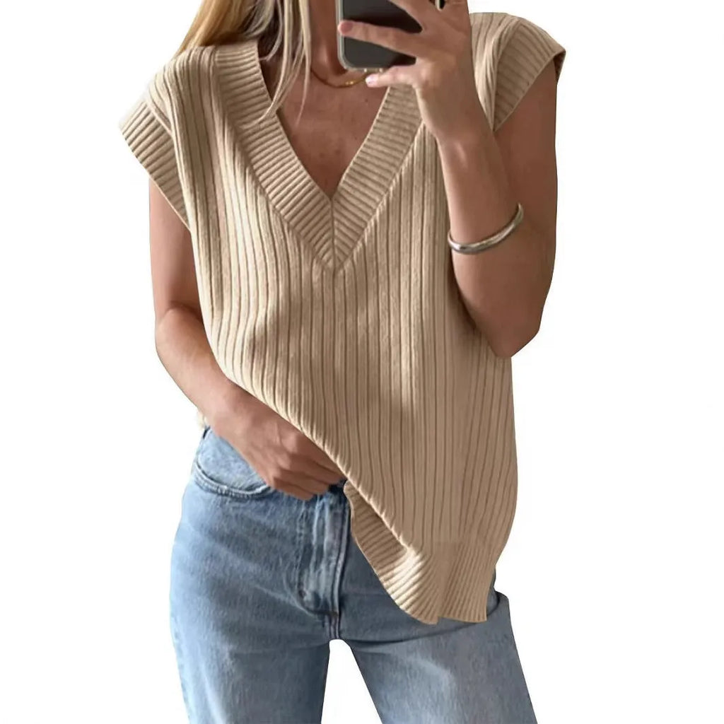 Women's camel coloured V-neck sleeveless vest with loose fitting viscose fabric