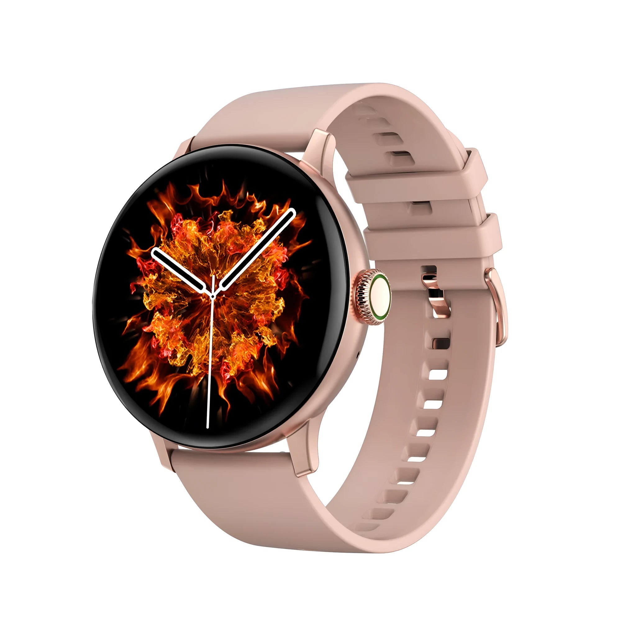 Gold smart bracelet with 42mm case on wrist, showing call screen and heart rate data.