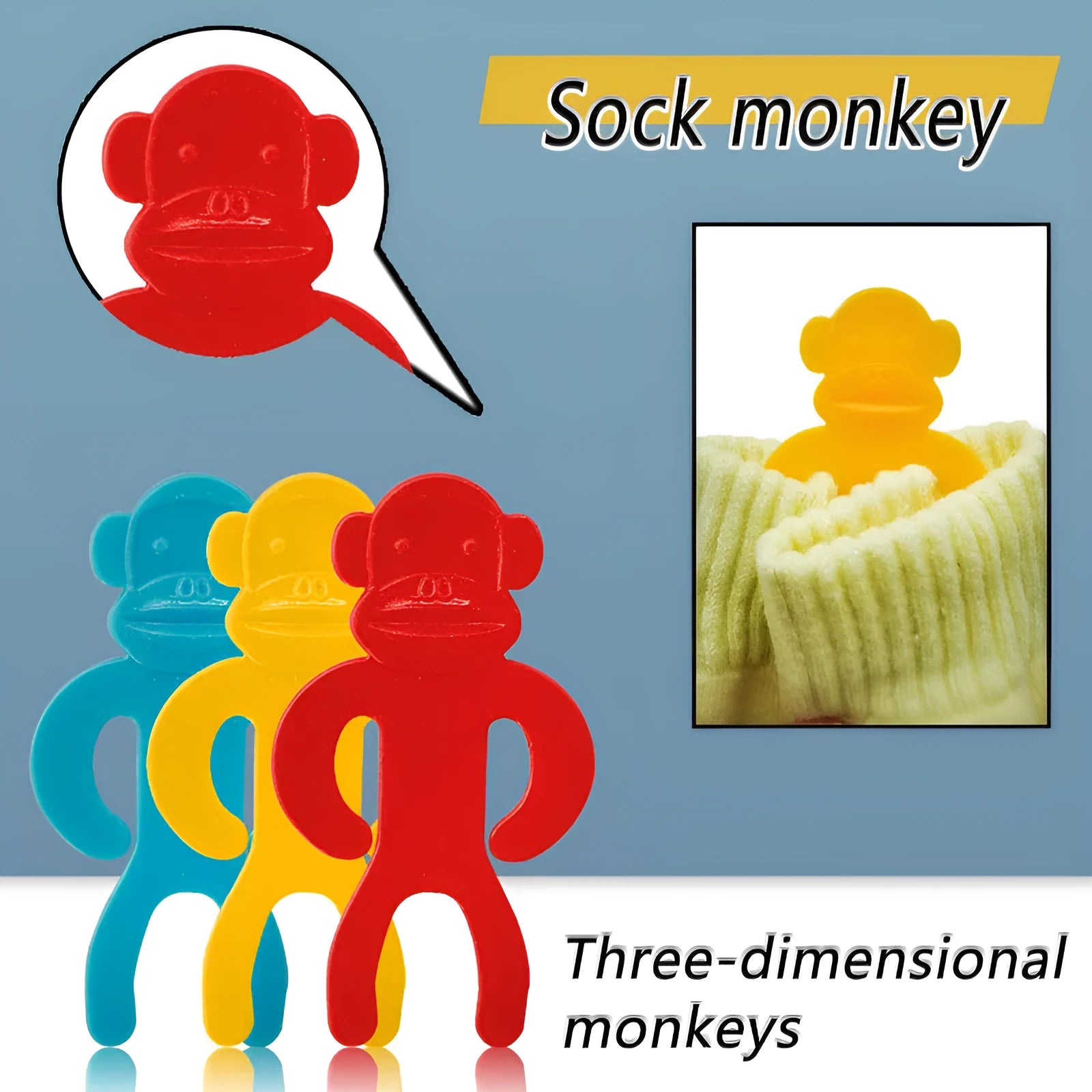 Plastic sock clips for washing machines in blue, red, and yellow colours