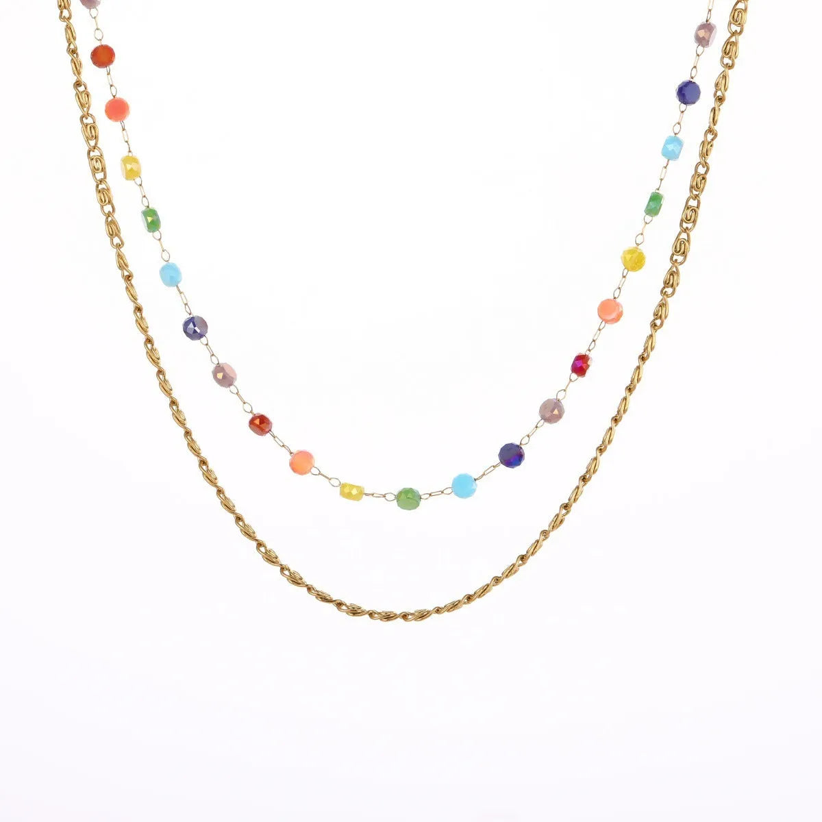 Colorful beaded stainless steel gold-plated double layer clavicle necklace for women on white background