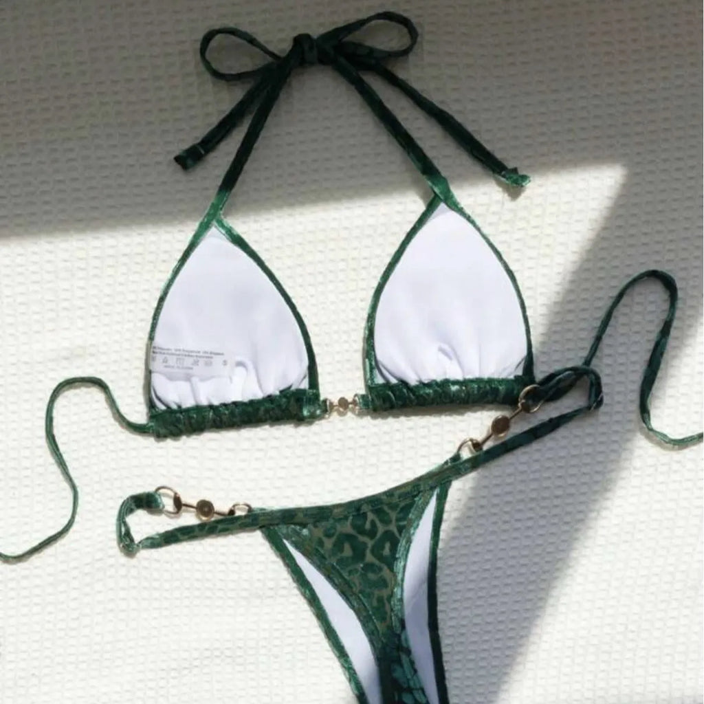 Women's leopard print bikini set with T-back design in multiple colour variations
