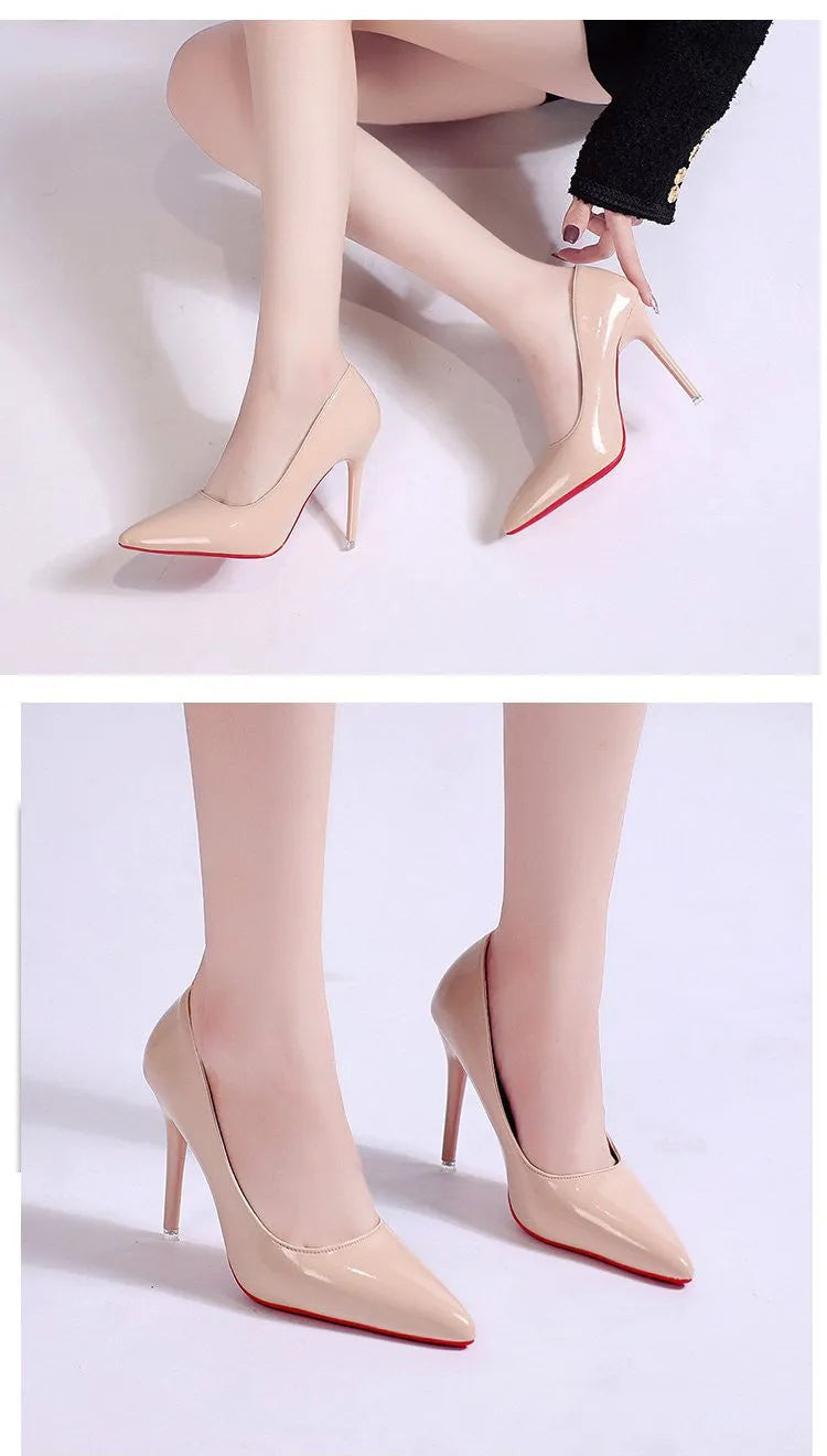 Women's solid colour stiletto heel pump with pointed toe and shallow mouth cut on a rubber sole.