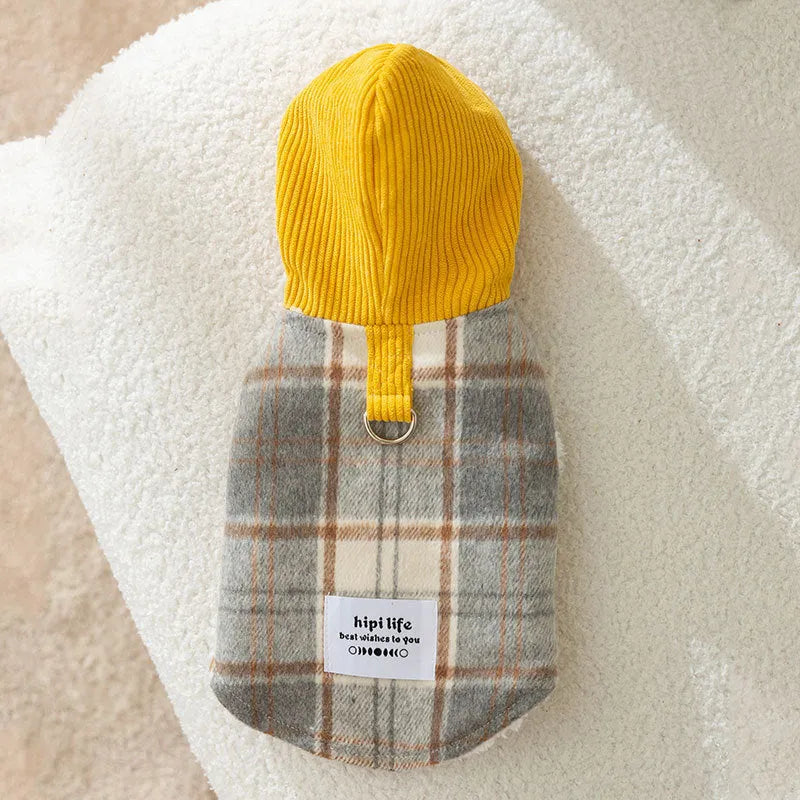 Blue corduroy dog hooded vest with chessboard grid pattern and traction-lined hood for autumn winter wear