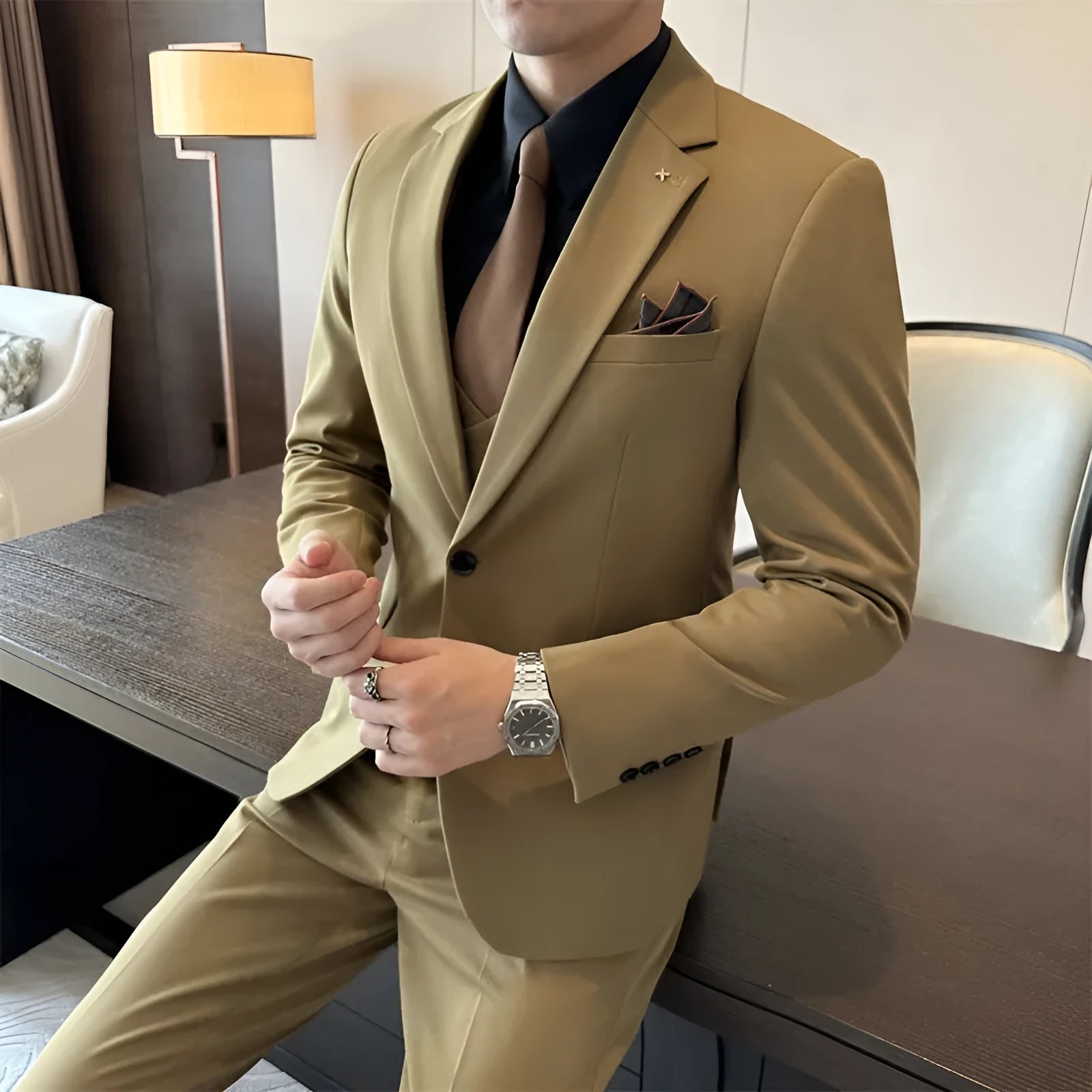 Men's slim fit business formal wear jacket in dark green, brown, and camel colours