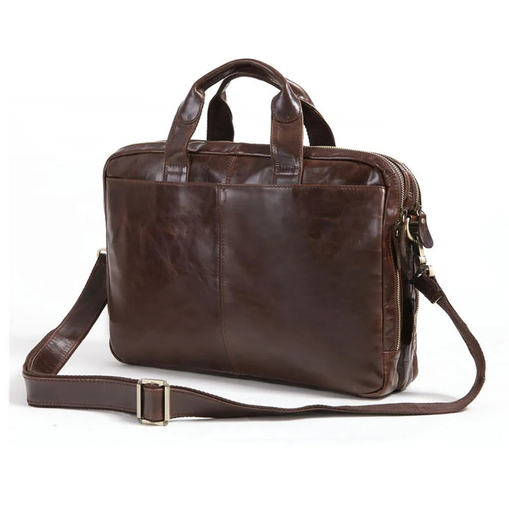 Brown leather business briefcase with 18-inch measurement for laptop storage