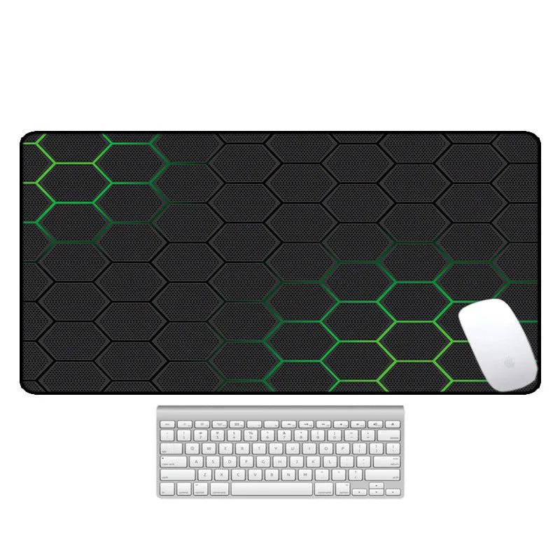 Large natural rubber desk mouse pad with a printed geometric pattern, showing non-slip base.