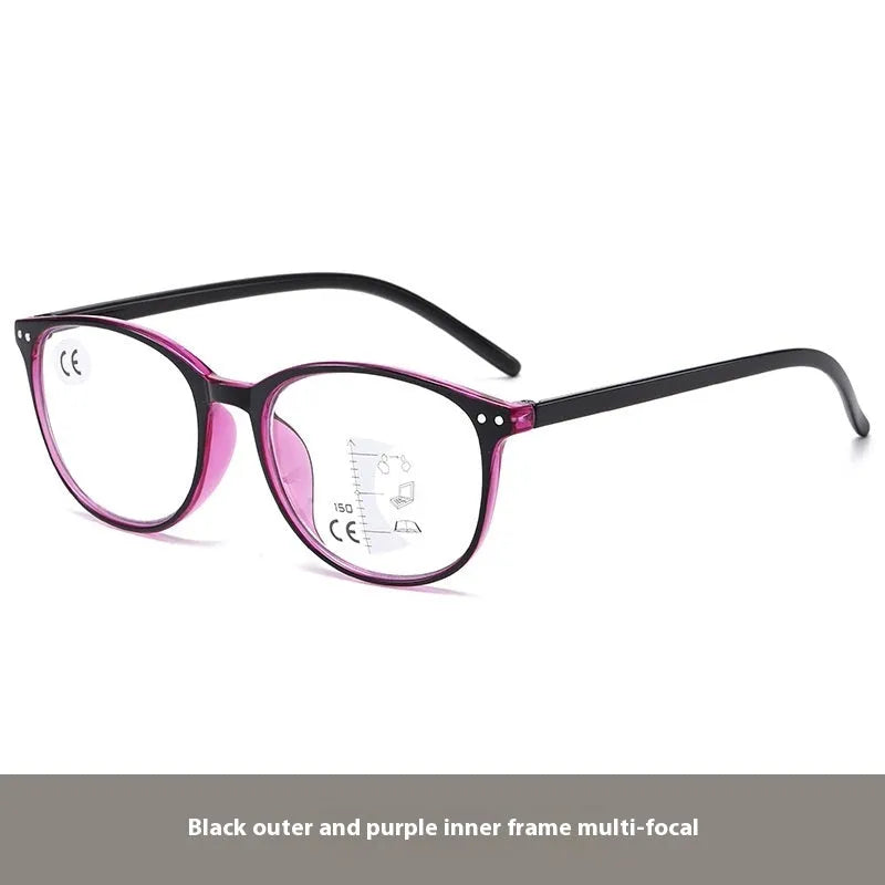 Women's ultra-light presbyopic glasses with multi-focus lenses in various frame colour options