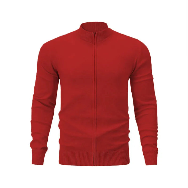 Cotton stand collar casual sports sweater with full-length zipper in loose fit