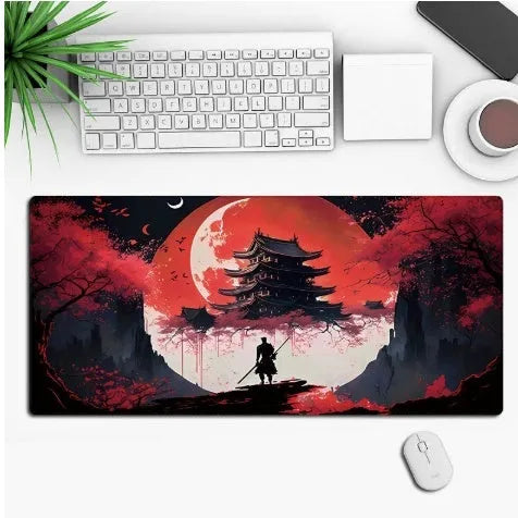 Hot anime series gaming mouse pad with colourful graphic, shown on a desk with a mouse.