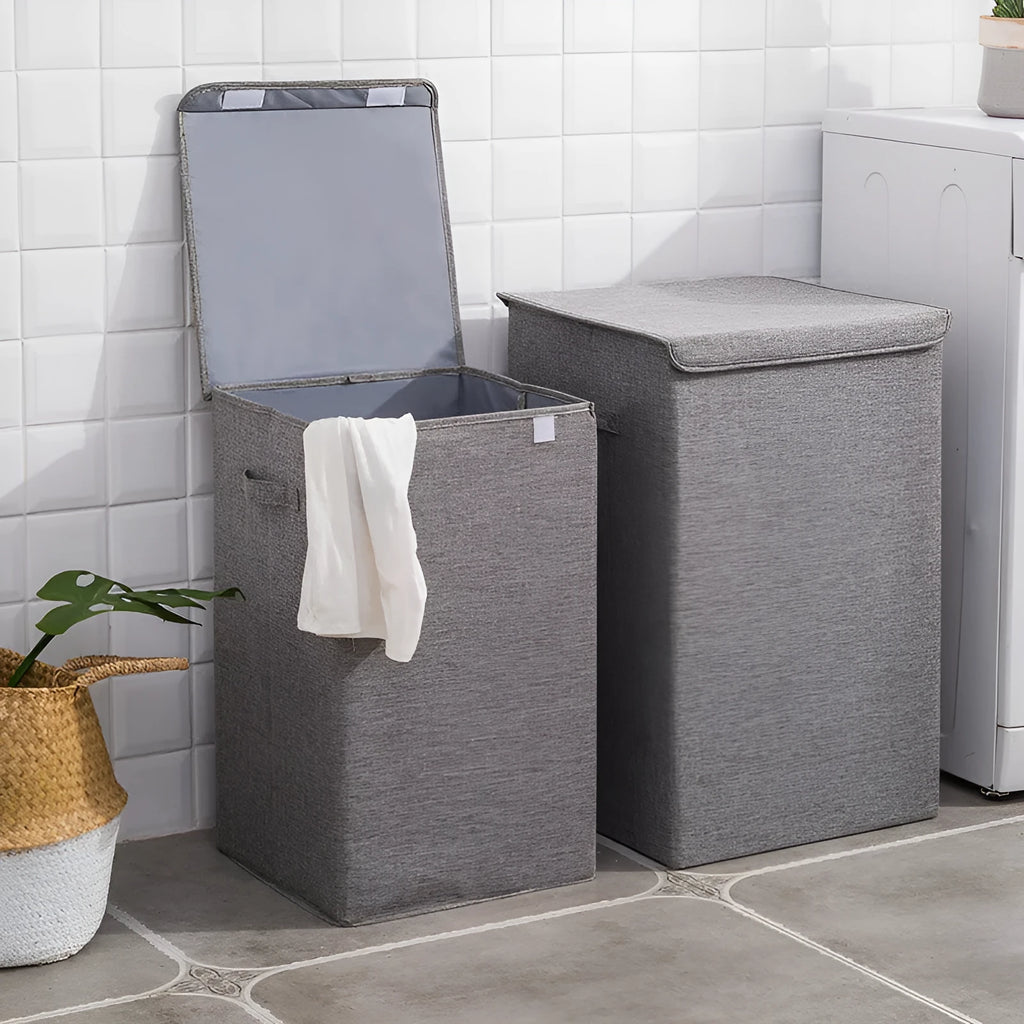 3D foldable clothes storage basket in cotton linen fabric, grey colour, medium size