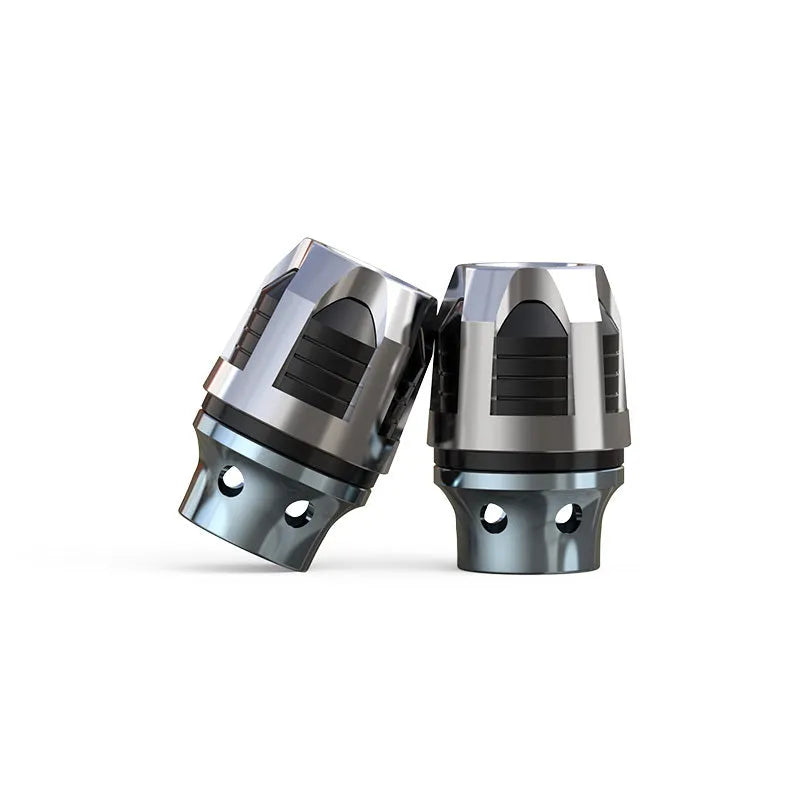 Pair of CNC machined aluminium alloy fork cups for motorcycle or electric car front axle, shown in anodised red.