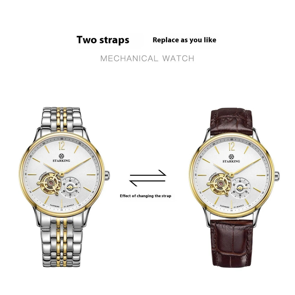 Men's automatic mechanical business watch with stainless steel case and brown leather strap