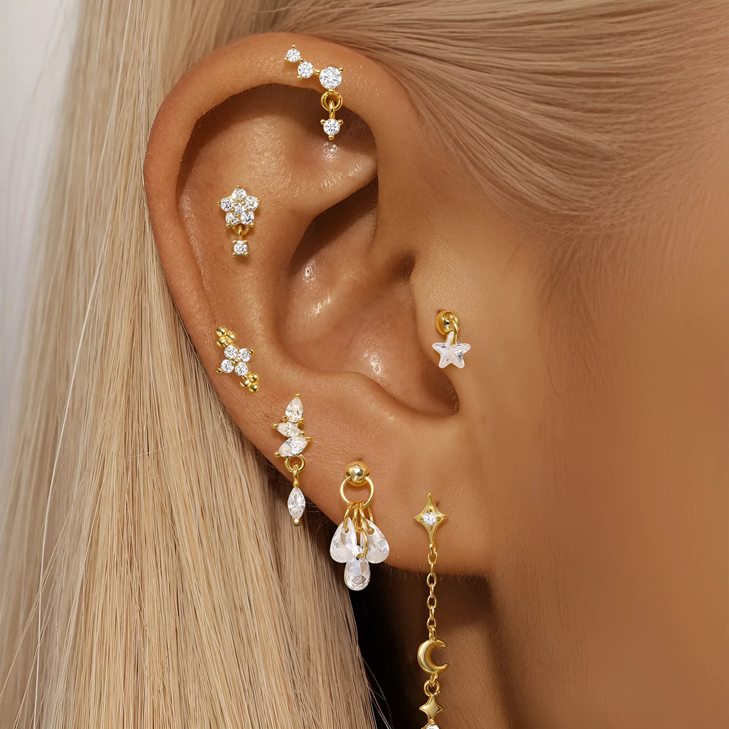 S925 sterling silver geometric earrings with moon and embedded star design in gold colour