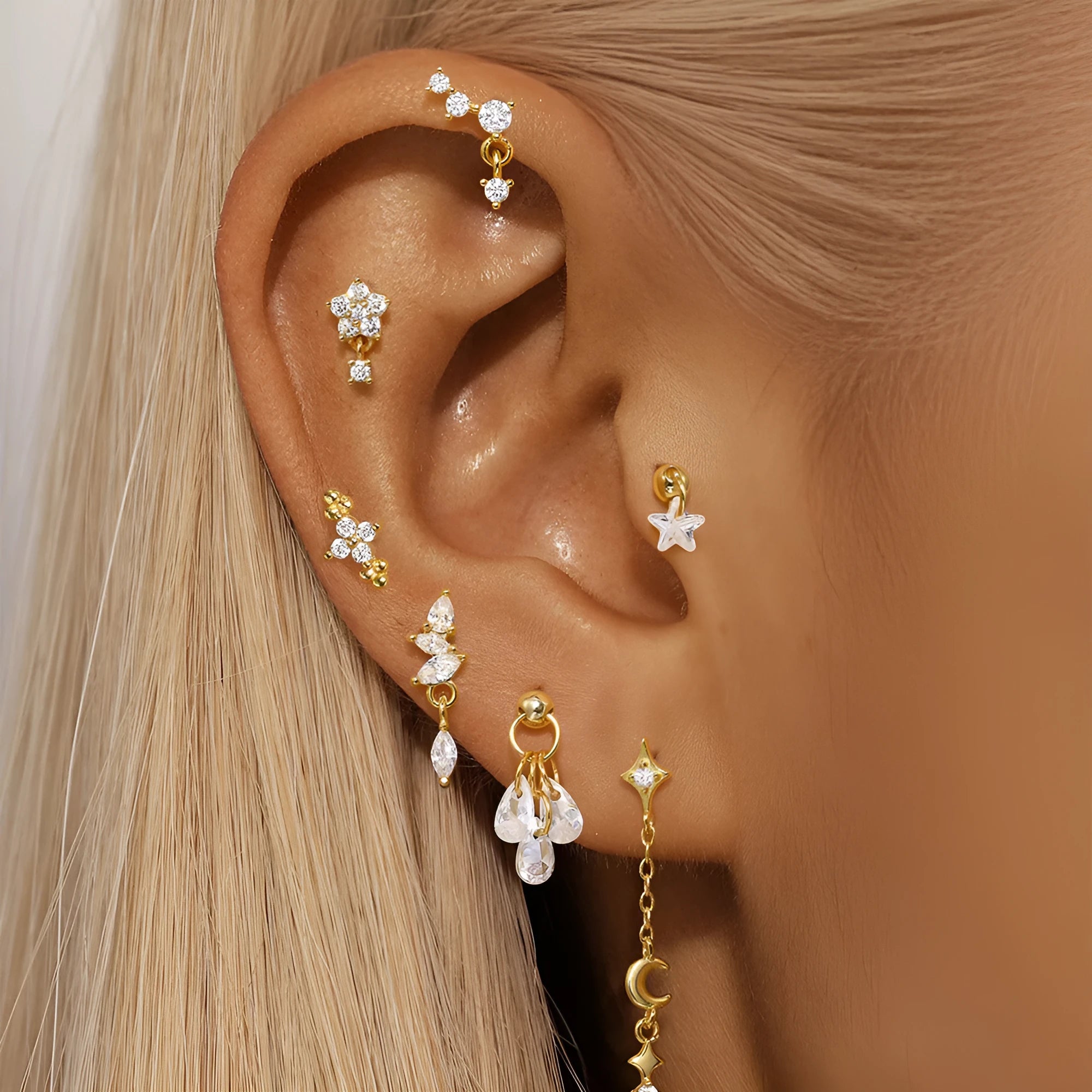 S925 sterling silver geometric earrings with moon and embedded star design in gold colour